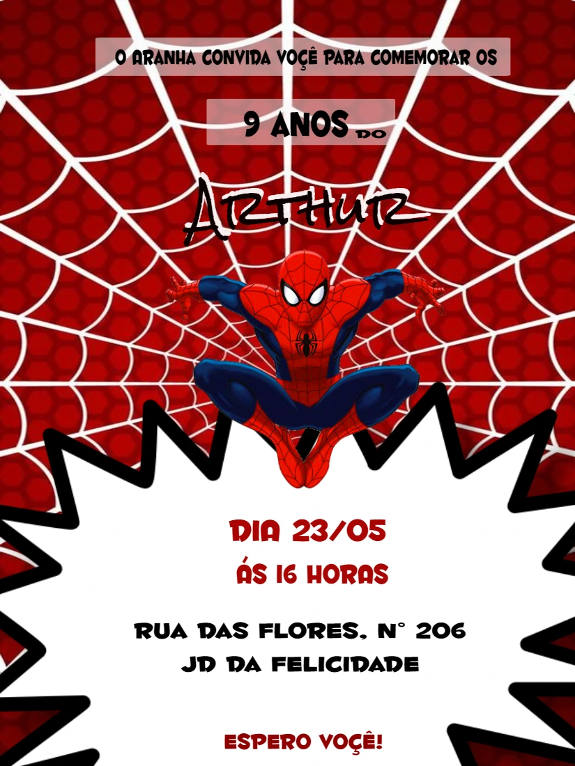 Convite de Aniversário Homem Aranha Editável Online
