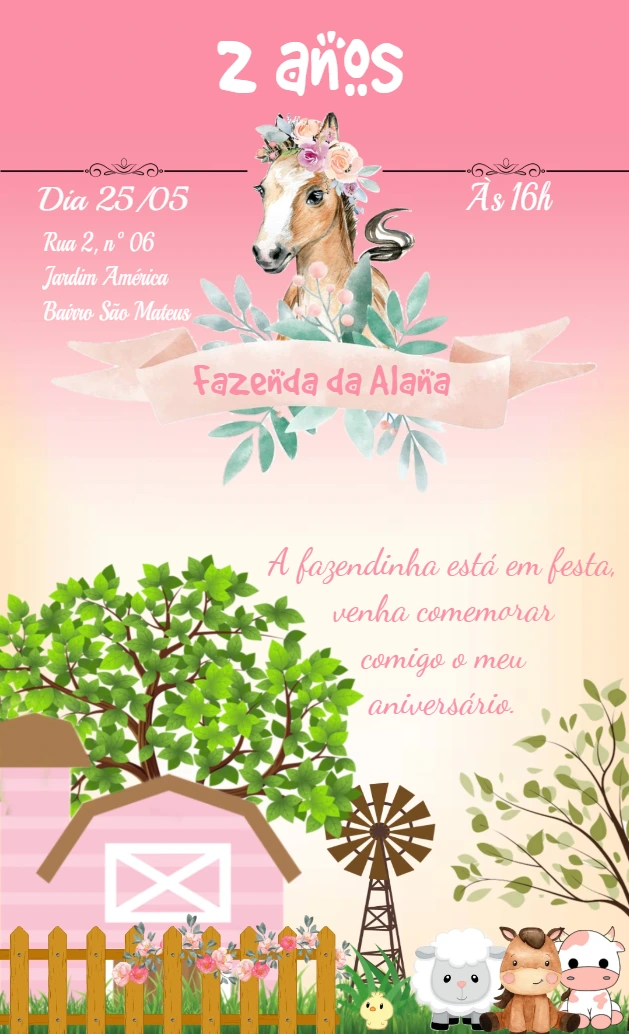 Convite Aniversário Fazendinha Rosa com Cavalo para Editar Online