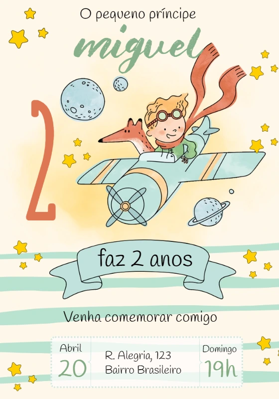 Convite Aniversário Pequeno Príncipe com Avião para Editar Online
