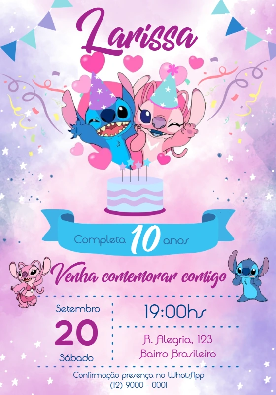 Convite Aniversário Stitch e Angel para Editar Online