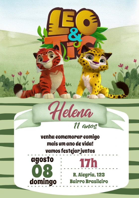 Convite Aniversário Leo e Tig Editável Online para Imprimir