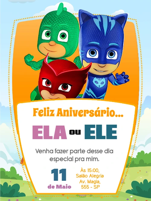 Convite de Aniversário Pj Masks para Editar Online