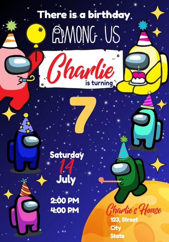 Among Us Birthday Invitation with Crewmates to Edit Online