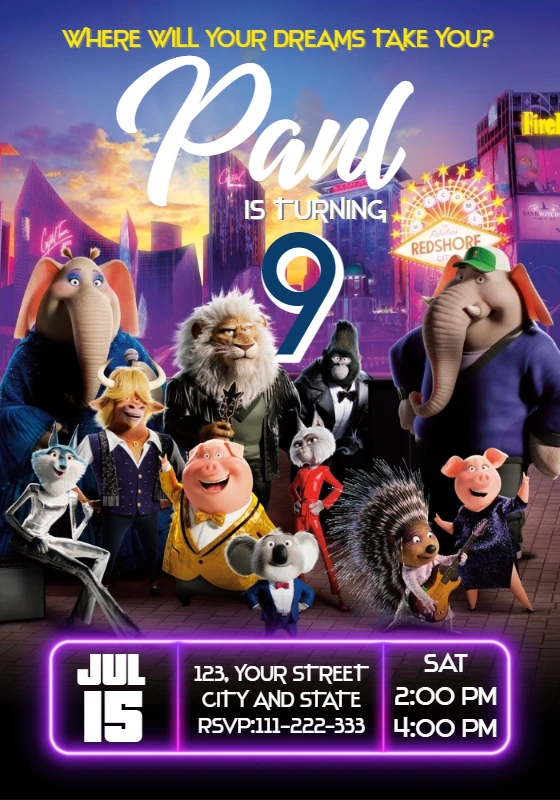 Sing 2 Birthday Invitation with All Characters | Editable Online