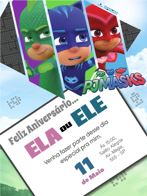 Convite Aniversário PJ Masks com Heróis para Editar