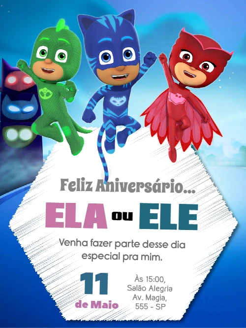 Convite de Aniversário Pj Masks para Editar Online