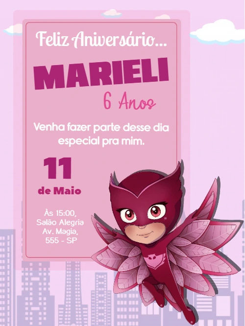 Convite de Aniversário PJ Masks Rosa para Editar Online