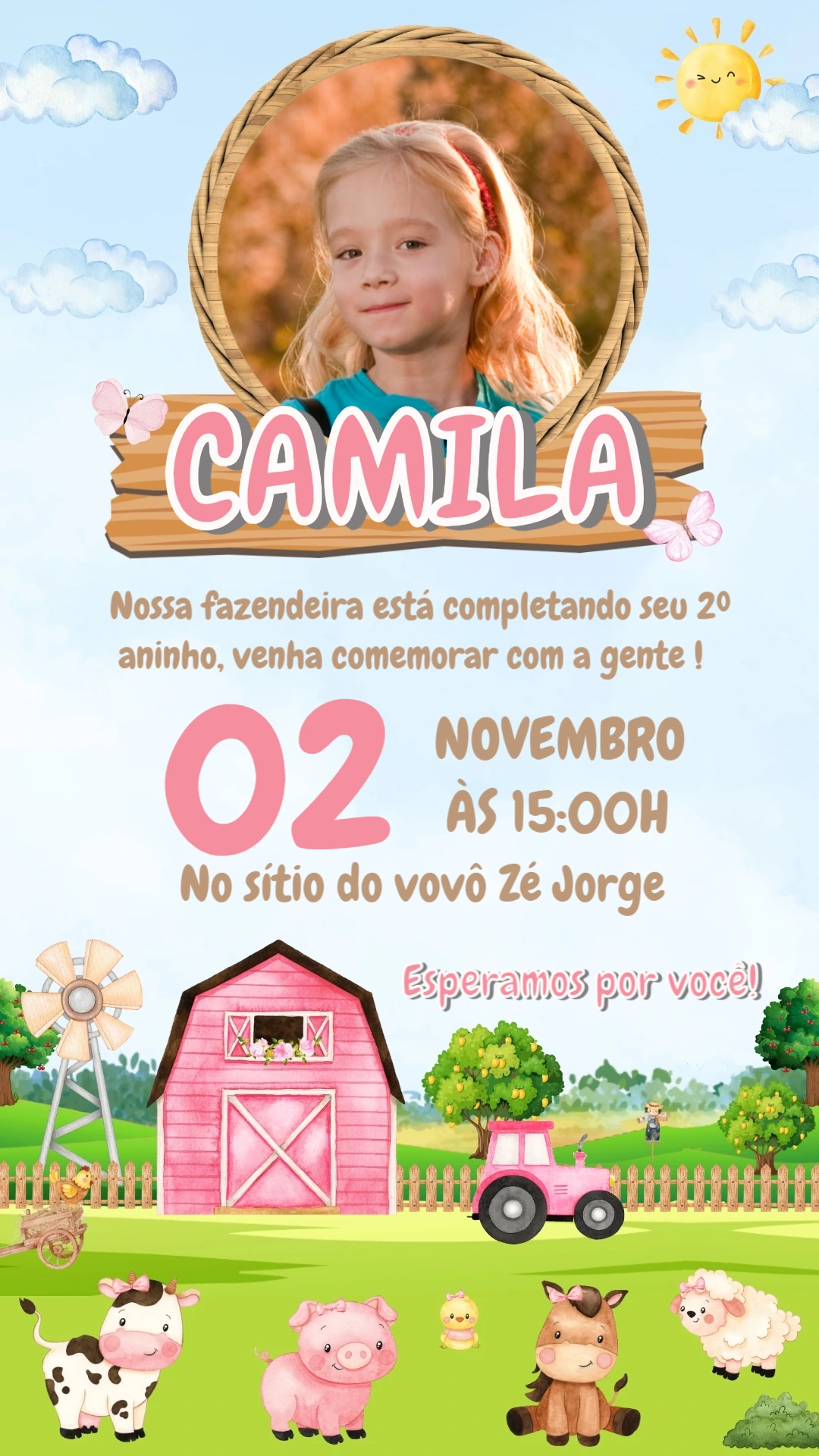 Convite Aniversário Fazendinha Rosa com Foto para Editar Online