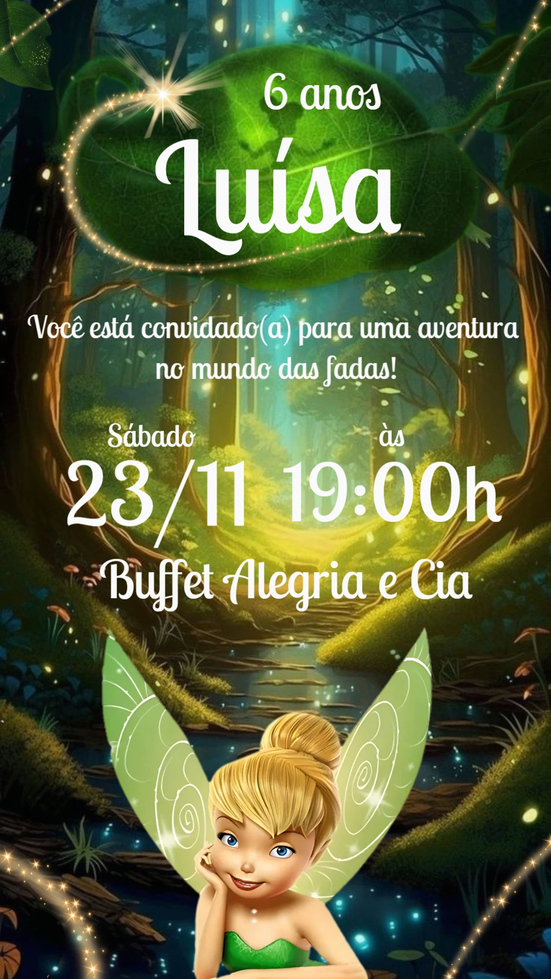 Convite Aniversário Tinker Bell Mundo das Fadas para Editar