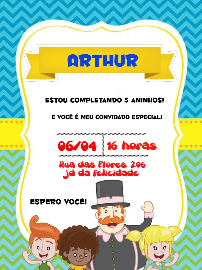 Convite Aniversário Mundo Bita com Personagens para Editar Online