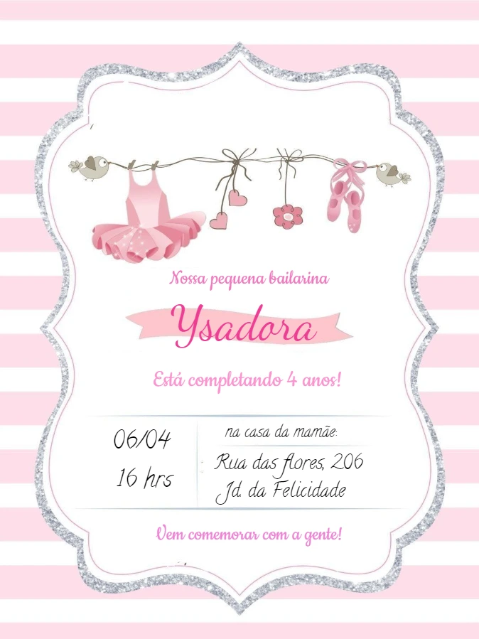 Convite Aniversário Bailarina Delicado para Editar Online