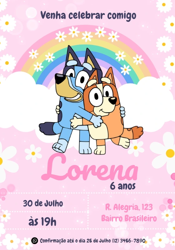 Convite de Aniversário Bluey e Bingo para Editar Online