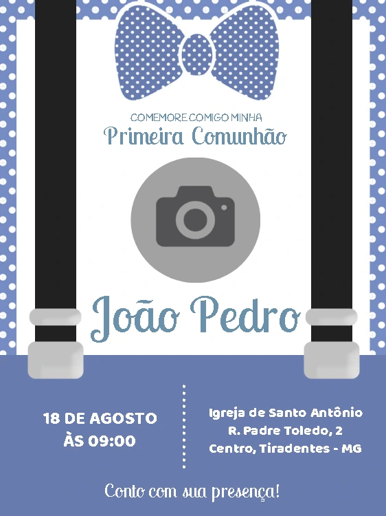 Convite Primeira Comunhão Menino com Foto para Editar Online