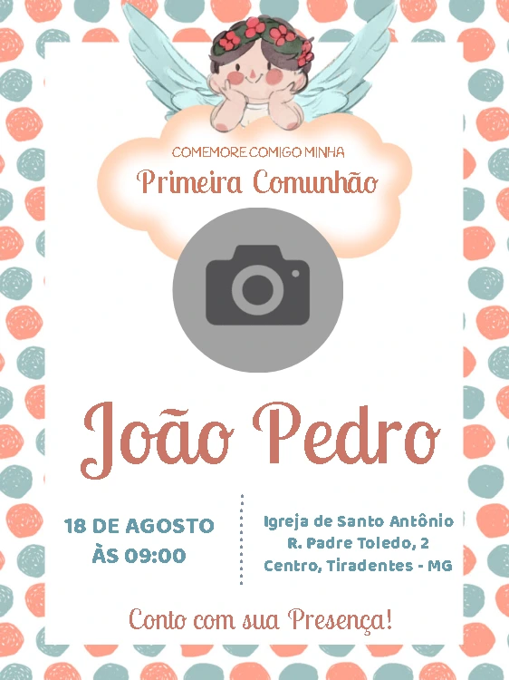 Convite Primeira Comunhão com Anjinho e Foto para Editar