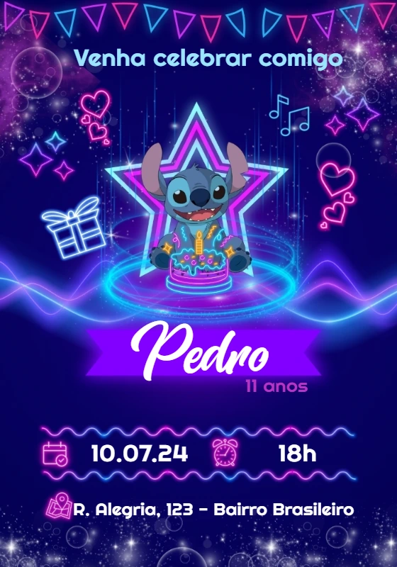 Convite de Aniversário Stitch Neon para Editar Online