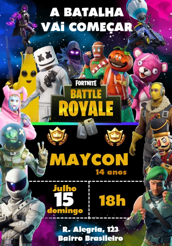 Convite de Aniversário Fortnite com Personagens para Editar