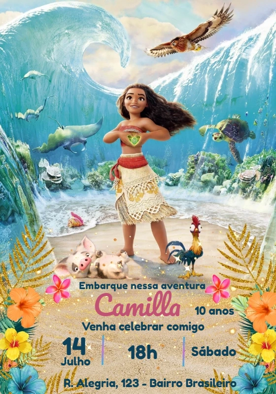 Convite de Aniversário Moana para Editar Online