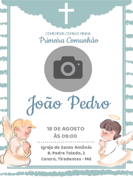 Convite Primeira Comunhão com Anjinhos e Foto para Editar