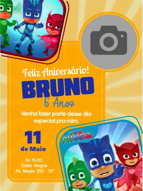 Convite de Aniversário PJ Masks com Foto para Editar Online