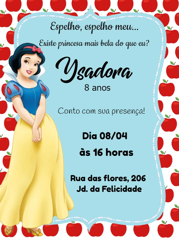 Convite Branca de Neve Aniversário Editável Online