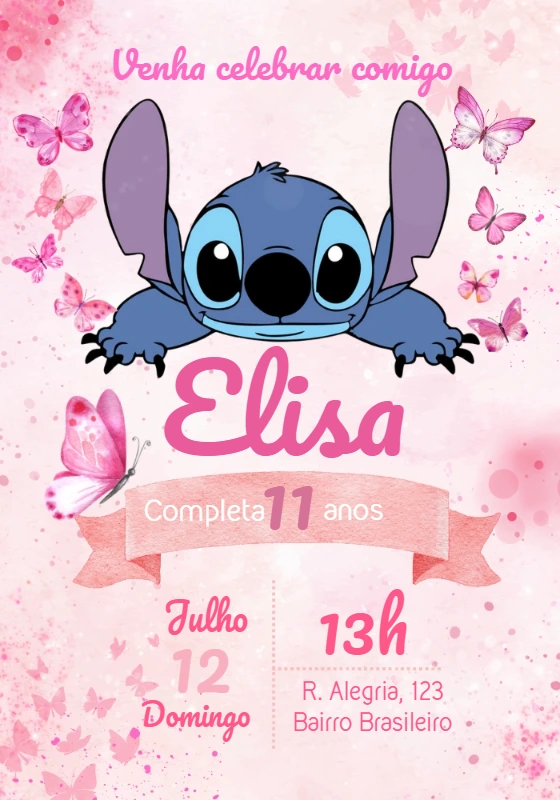Convite Aniversário Stitch Rosa com Borboletas para Editar