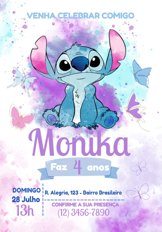 Convite de Aniversário Stitch e Borboletas para Editar Online