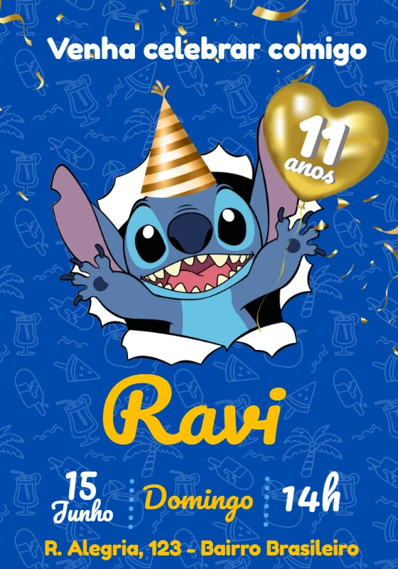 Convite de Aniversário Stitch Editável para Personalizar Online