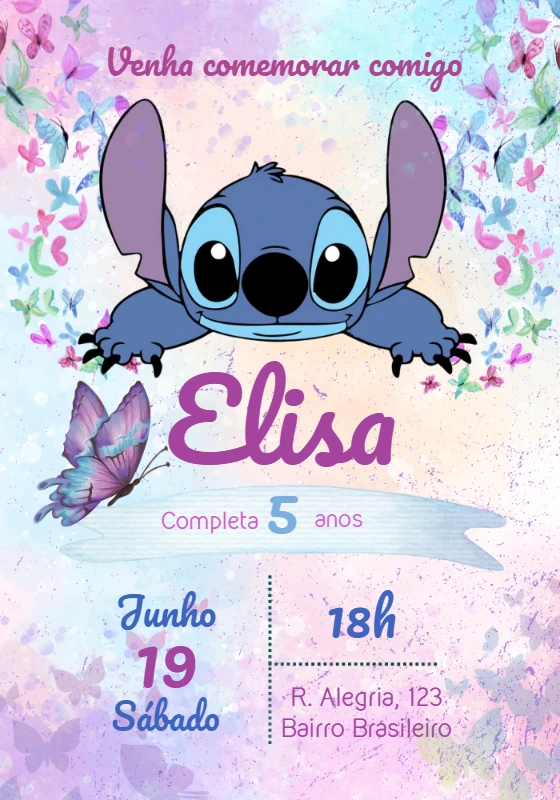 Convite de Aniversário Stitch e Borboletas para Editar Online