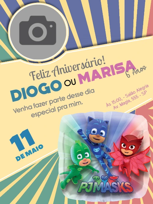Convite Aniversário PJ Masks com Foto para Editar Online