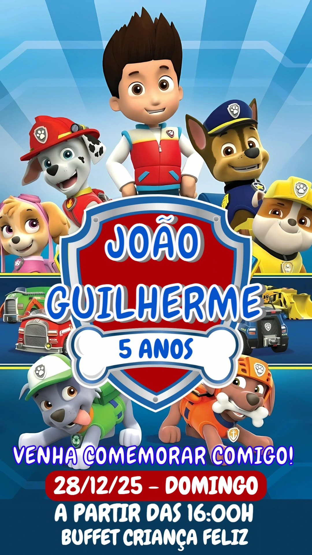 Convite de Aniversário Patrulha Canina com Personagens para Editar