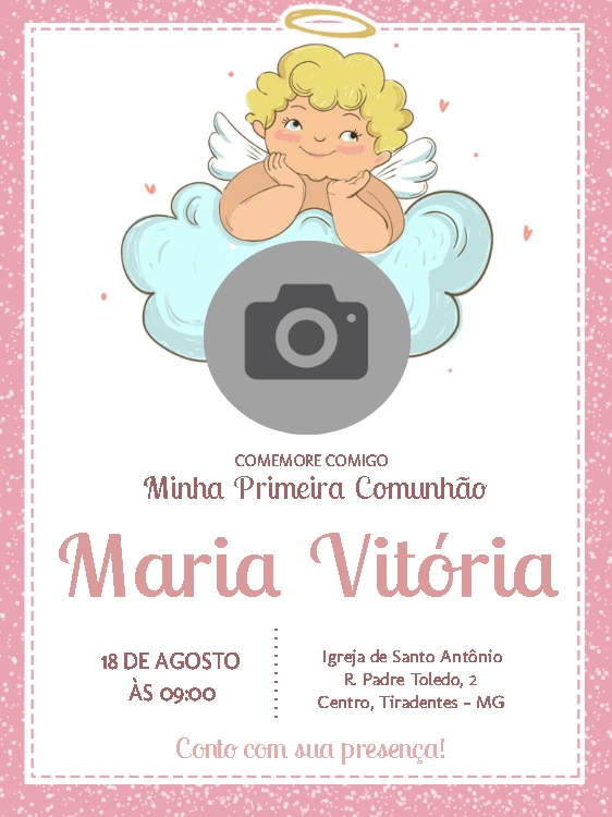 Convite Primeira Comunhão com foto de anjinho para Editar Online