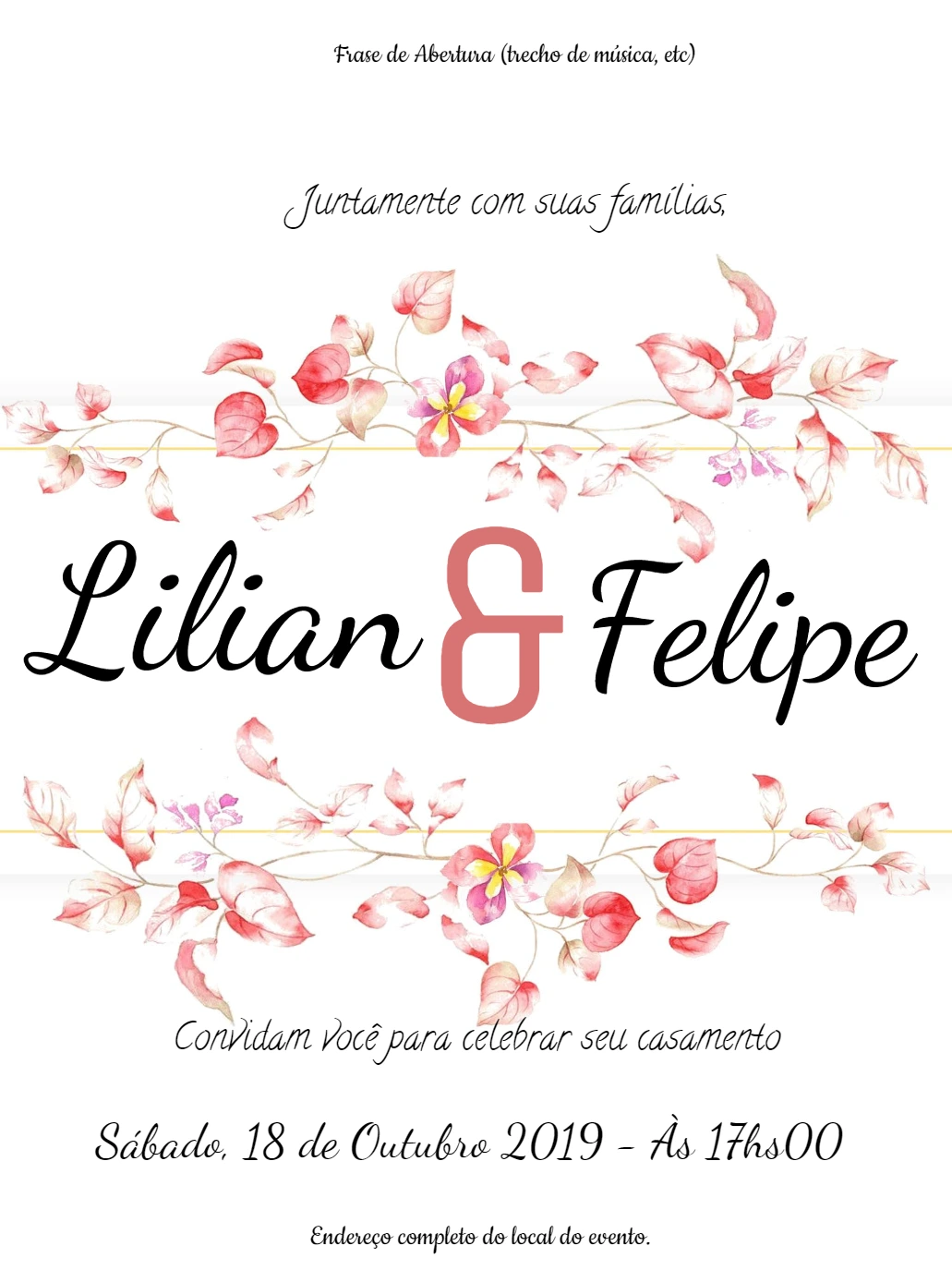 Convite de Casamento Floral Rosa para Editar Online