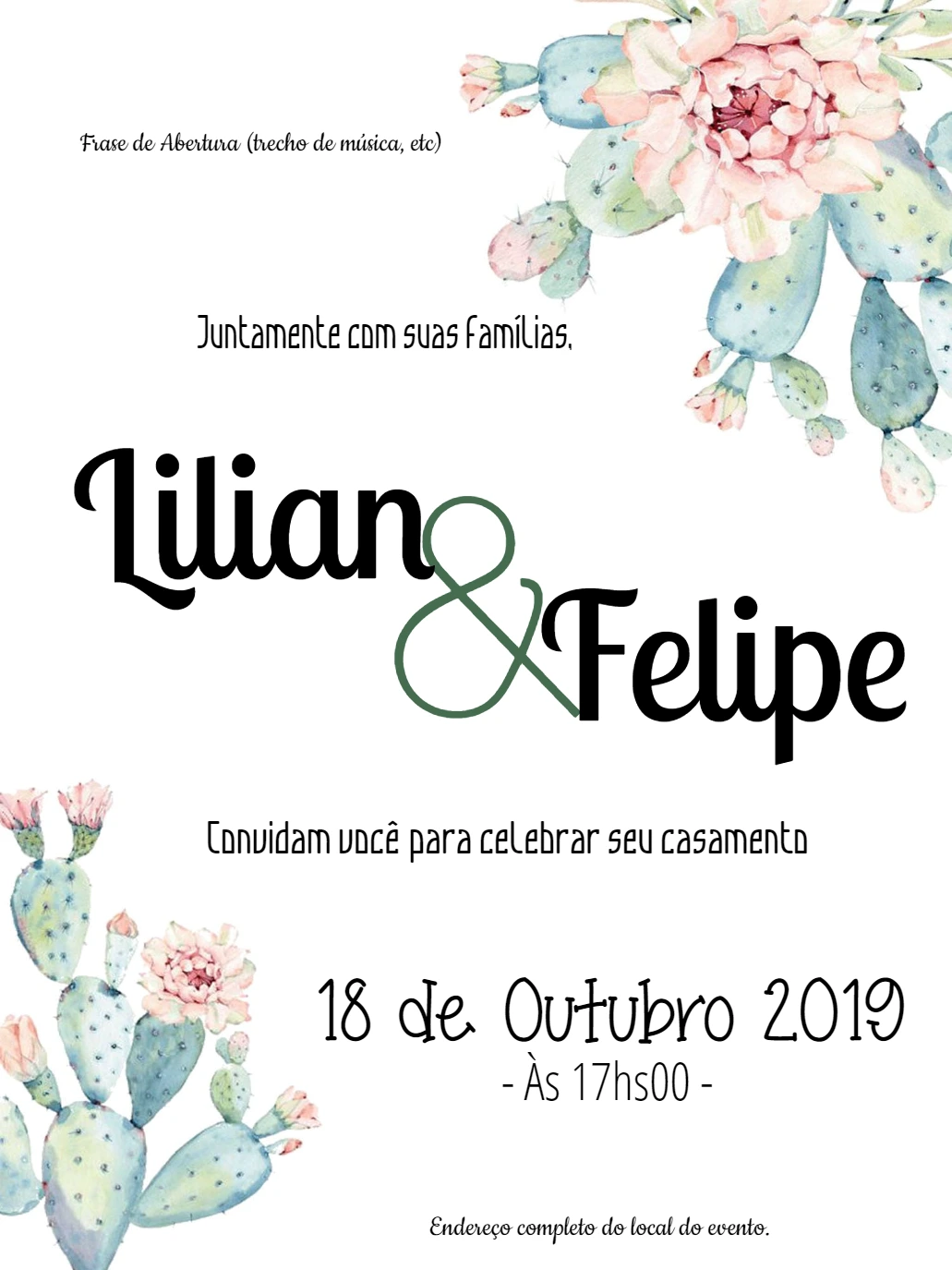 Convite de Casamento com Cactos Aquarela para Editar Online