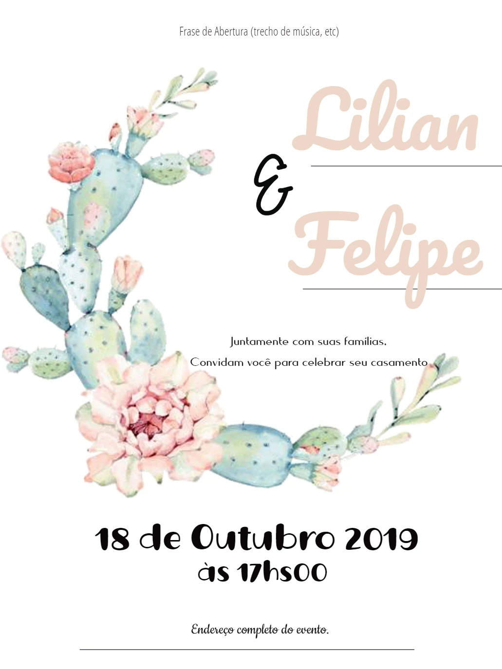 Convite de Casamento Cactos Aquarela para Editar Online