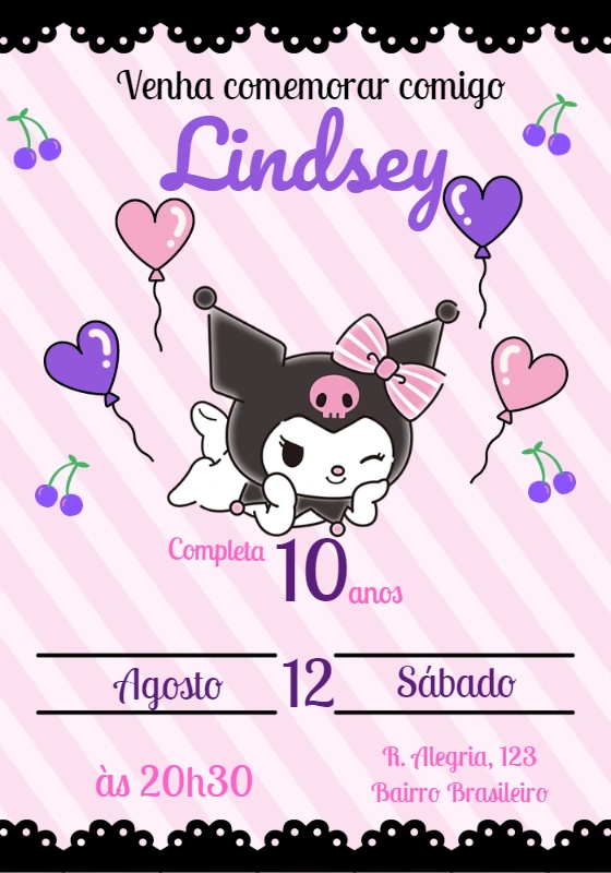 Convite de Aniversário Kuromi para Editar Online