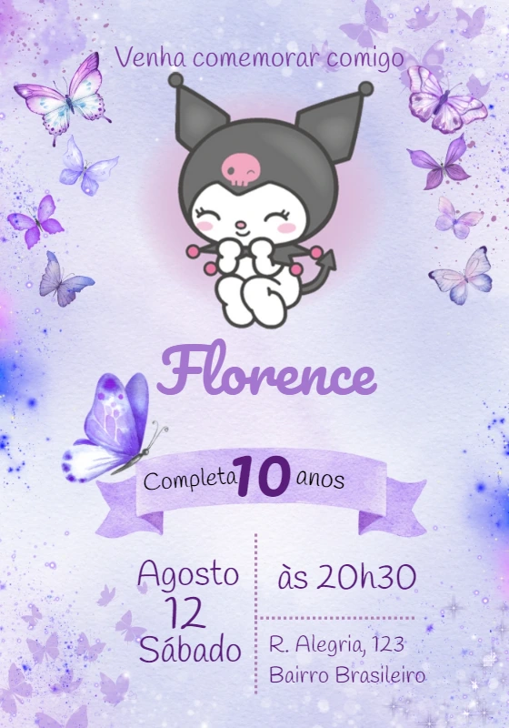 Convite de Aniversário Kuromi com Borboletas para Editar Online