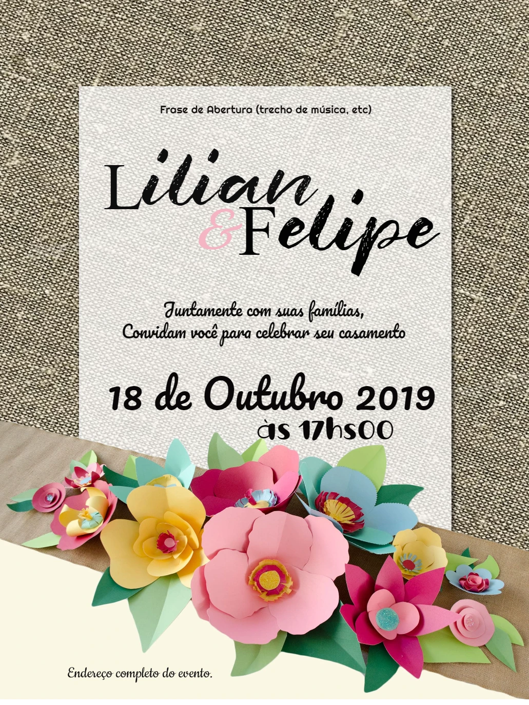 Convite de Casamento Floral com Flores de Papel para Editar