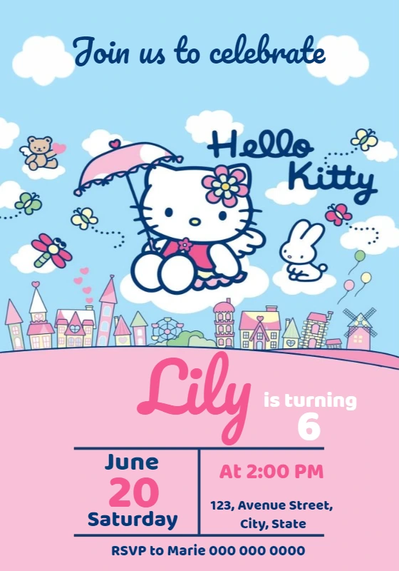 Editable Hello Kitty Birthday Party Invitation
