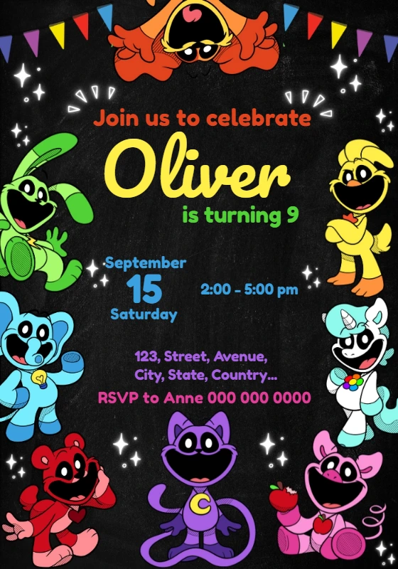 Editable Smiling Critters Birthday Party Invitation