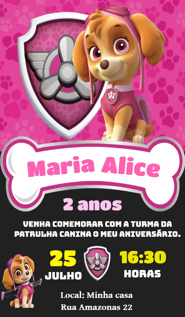 Convite de Aniversário Patrulha Canina Skye para Editar Online