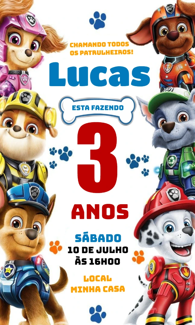 Convite Patrulha Canina para Aniversário Infantil Editável Online