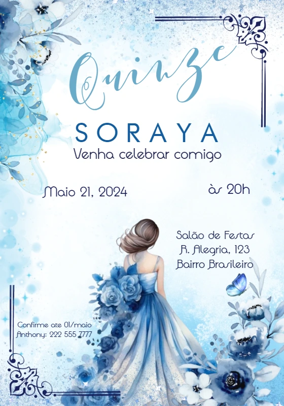 Convite 15 anos Princesa Vestido Azul para Editar Online