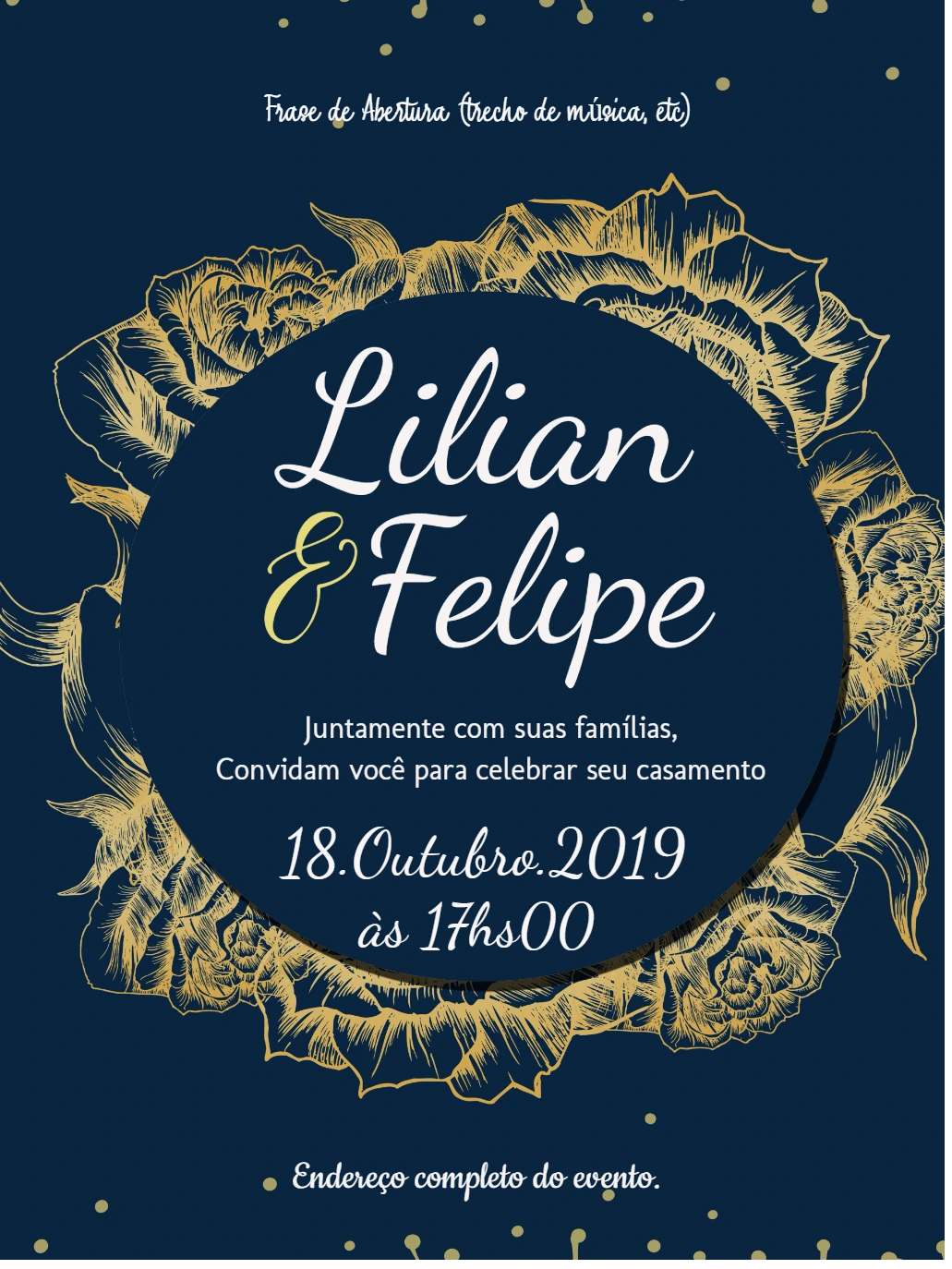 Convite de Casamento Floral Dourado para Editar Online