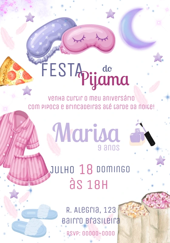 Convite Aniversário Festa do Pijama Menina para Editar Online