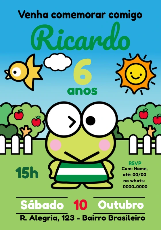 Convite de Aniversário Keroppi para Editar e Enviar Online
