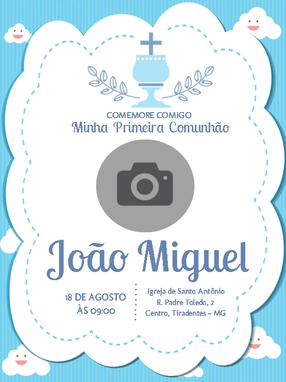 Convite Primeira Comunhão Azul com Foto para Editar Online