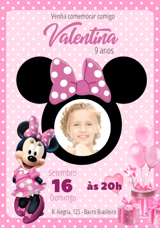 Convite Aniversário Minnie Rosa com Foto para Editar Online