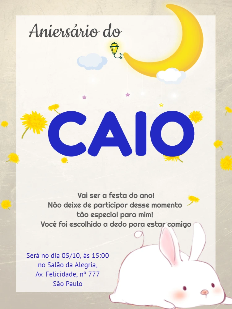 Convite de Aniversário Coelhinho na Lua para Editar Online