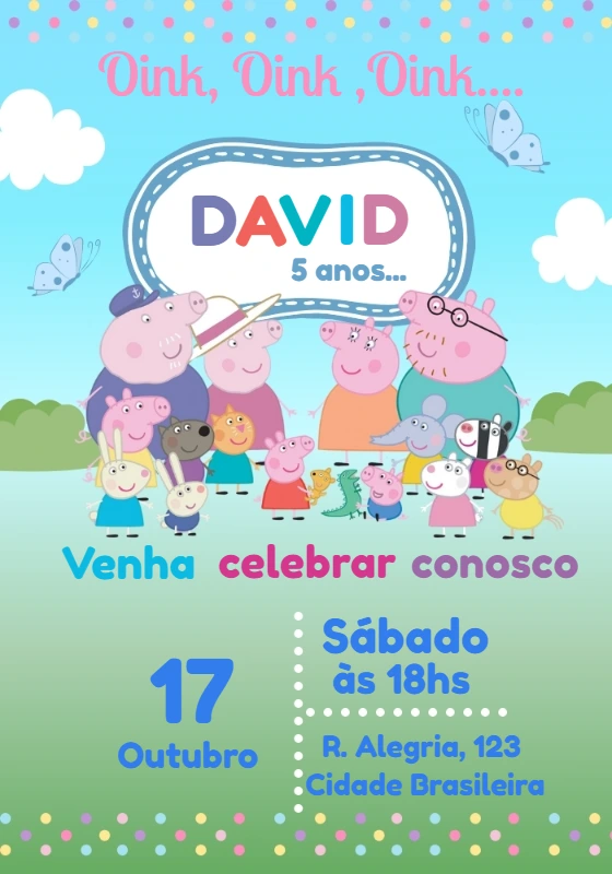 Convite de Aniversário Peppa Pig com a Turma para Editar Online