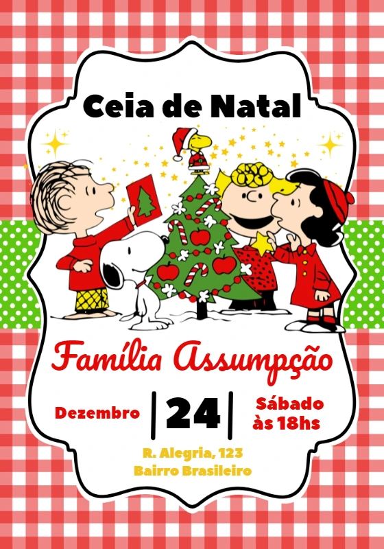 Convite de Natal Snoopy e Sua Turma para Editar Online